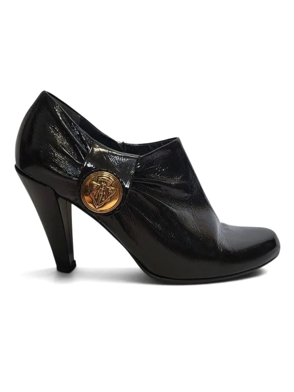 Gucci Hysteria Patent Leather Ankle Booties Crest Logo Heels